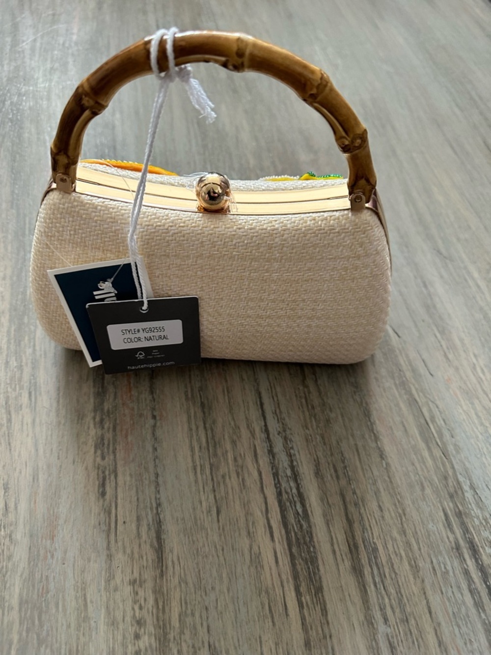 Haute Hippie Cream Straw Clutch Handle Crossbody with Fruit Appliqués - Picture 6 of 7